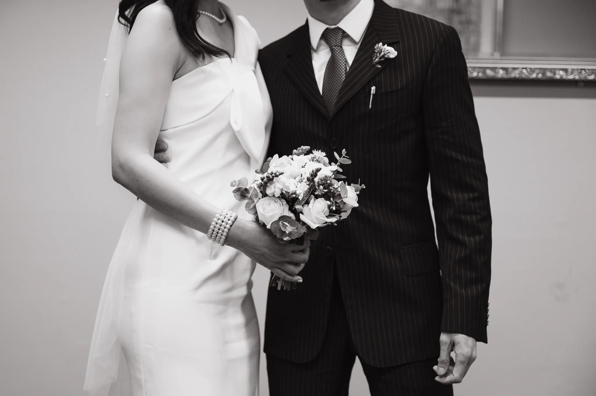 Black and white photo of a bride and groom