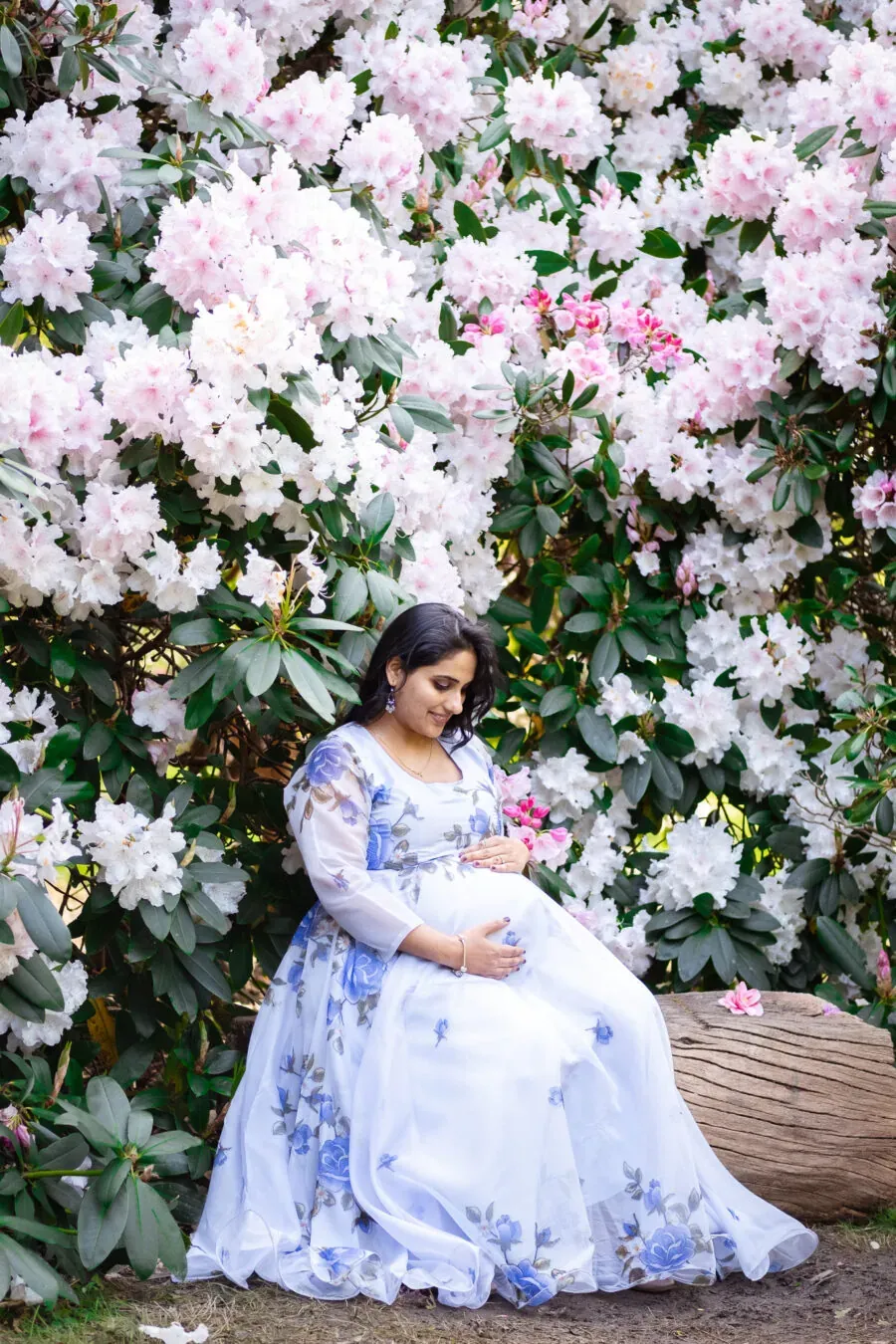 Pregnant woman around flowers at Isabella plantation in Richmond park