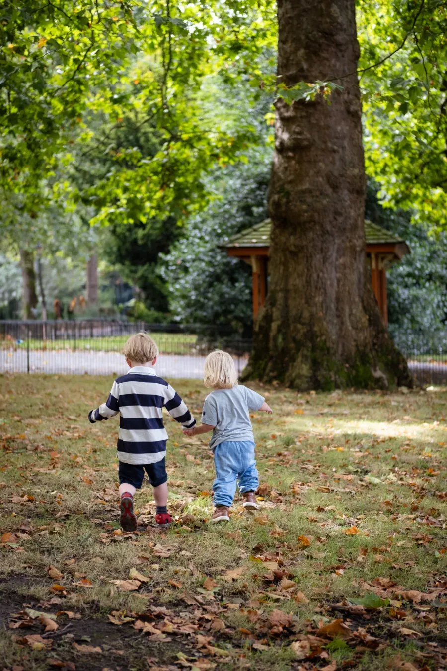 Brother and sister holding hands and walking in a park for a quick photo session