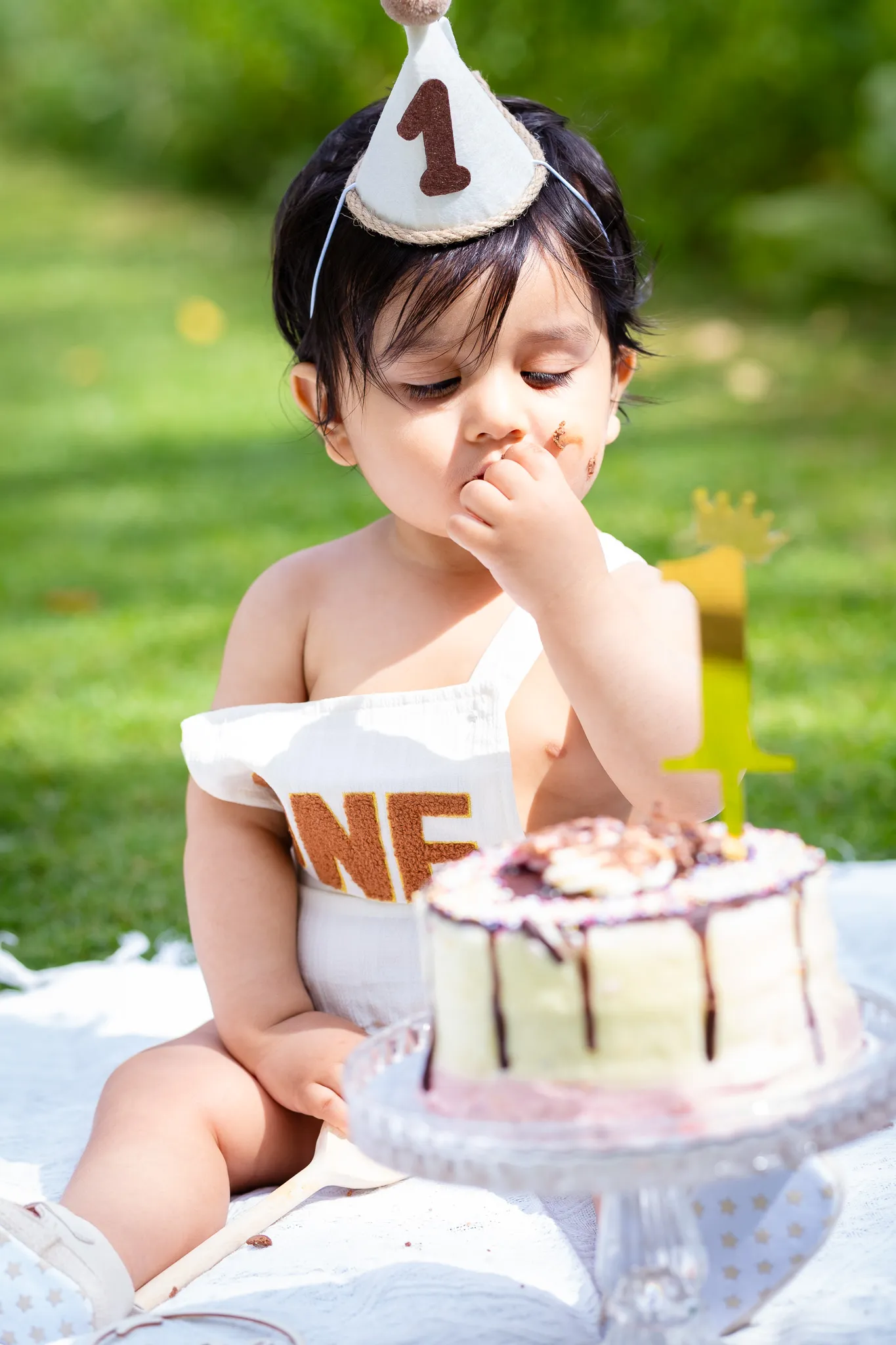Little baby boy's first birthday photoshoot in a park, cake smash on a picnic, birthday decoration, balloons