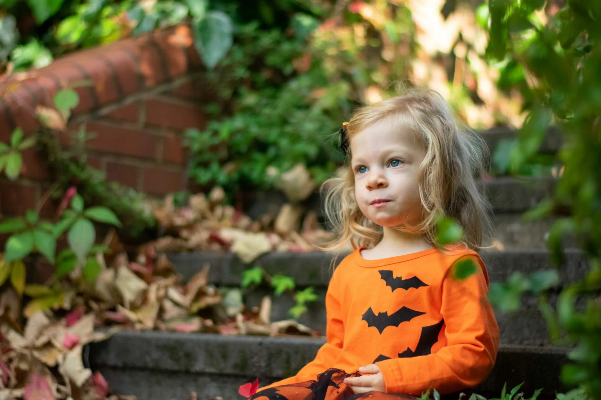Little blonde girl in a orange halloween dress, sitting on stairs, children photography from Mellsnap